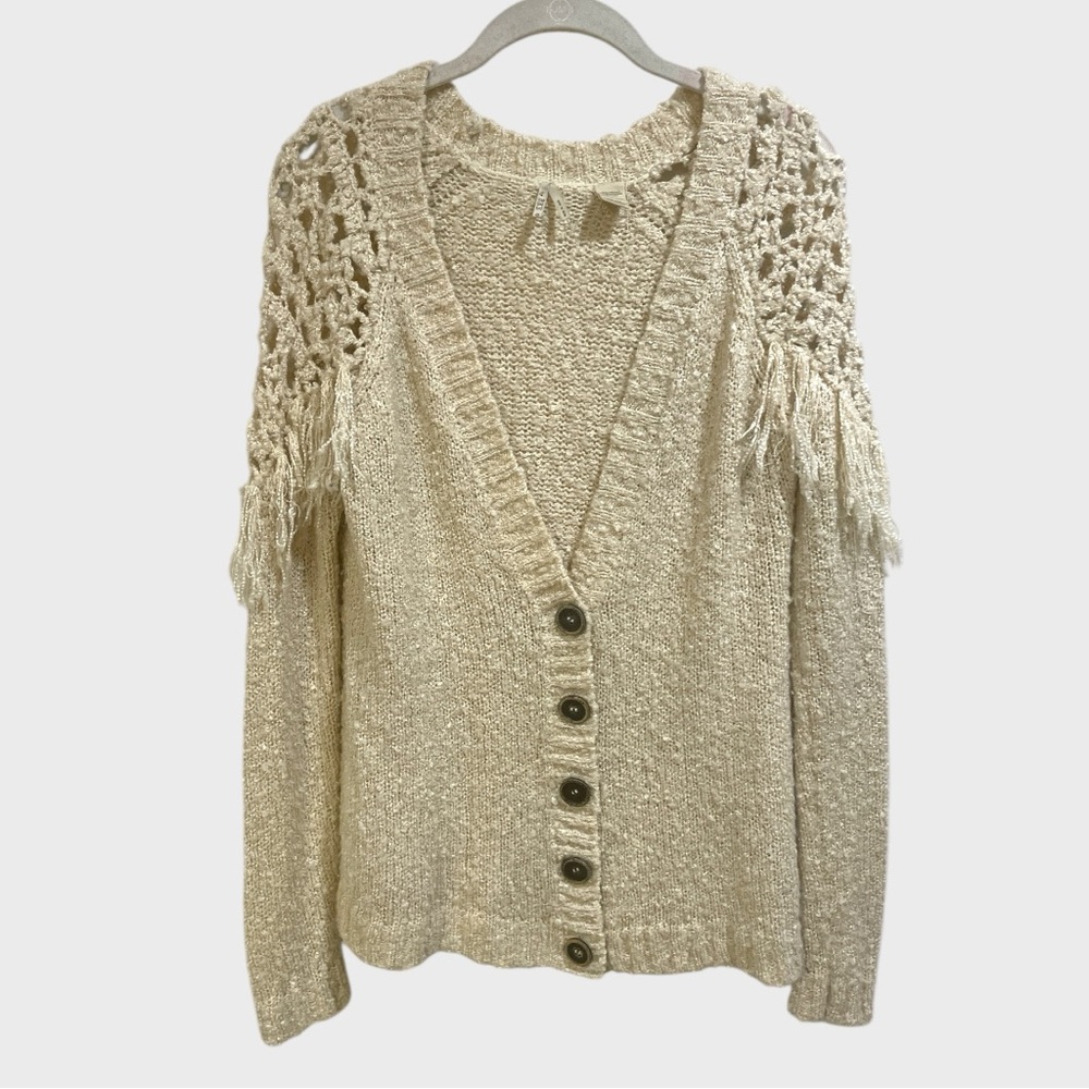 BKE Cream Knit Cardigan Fringe  with Lace Details Size Small - Picture 3 of 11